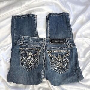 LA Idol USA Embellished Rhinestone Capri Jeans Medium Wash Blue Size 5 Y2K